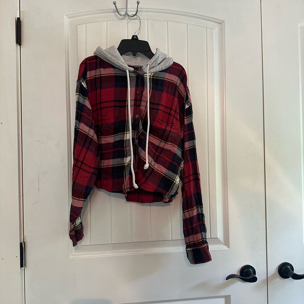 American Eagle Red and Gray Plaid Hoodie
